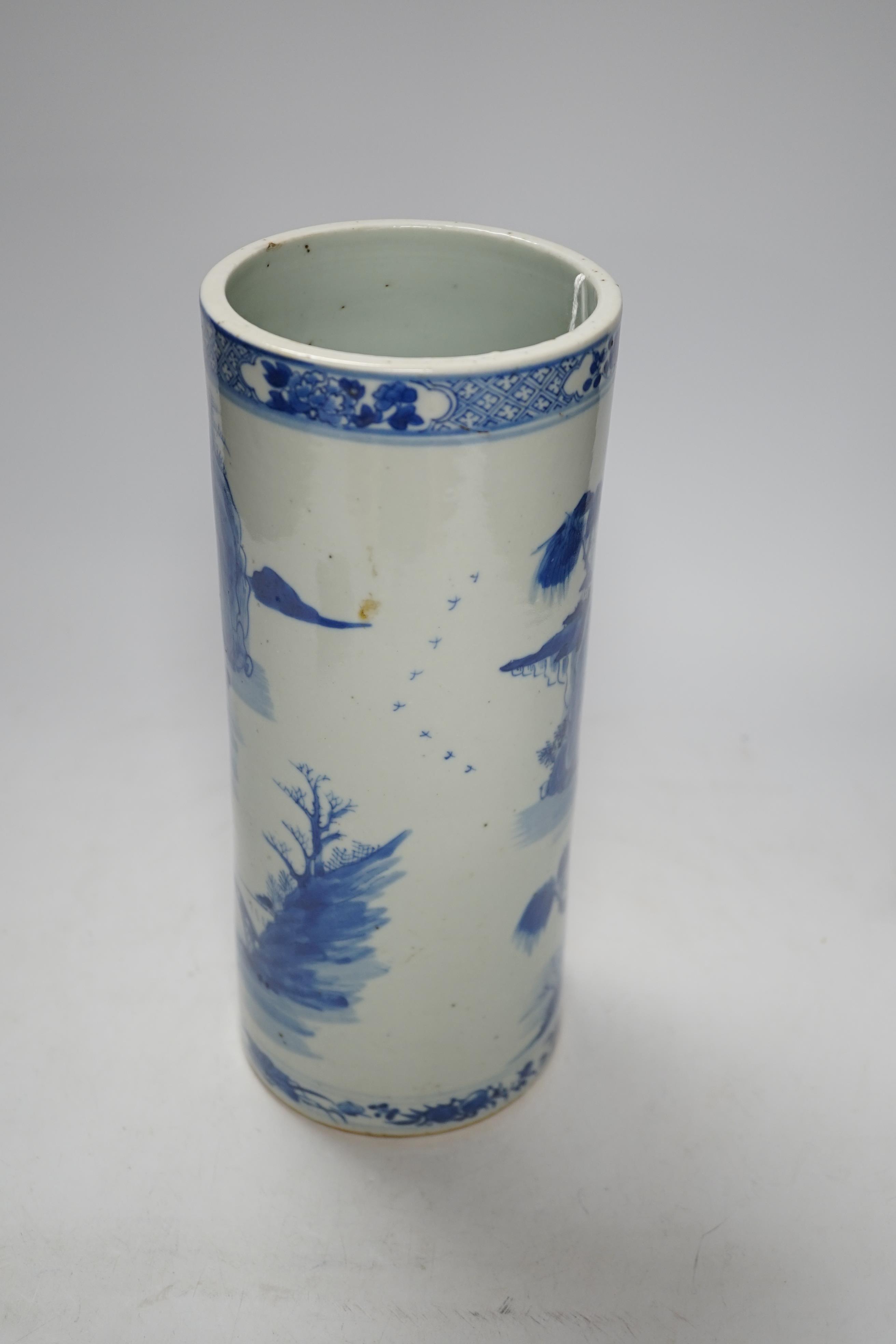 A Chinese blue and white cylindrical vase, 19th century, 28cm high